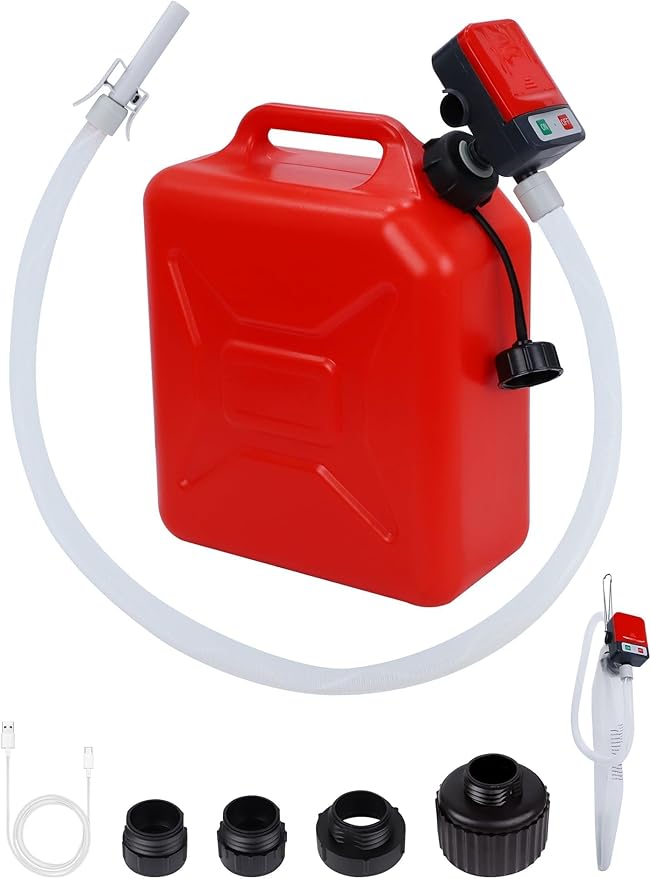 Fuel Transfer Pump, Auto-Stop, Battery or USB Powered, 3.2 GPM Fast Gas Transfer Pump, 57.09" Long Gasoline Hose, 4 Gas Can Adapters, Portable Fuel Pump for Diesel & Oil, No-leak (Red)