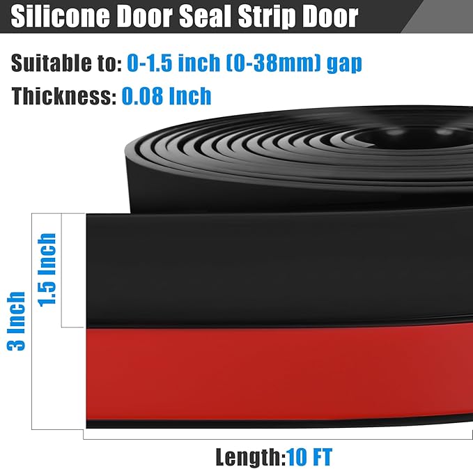 Draft Seal Tape for Doors and Windows 3 in x 10 Ft Silicone Weather Stripping Extra Thick 2mm Door Seal Strip with Strong Adhesive Draft Insulation Stopper Side Seal - Black