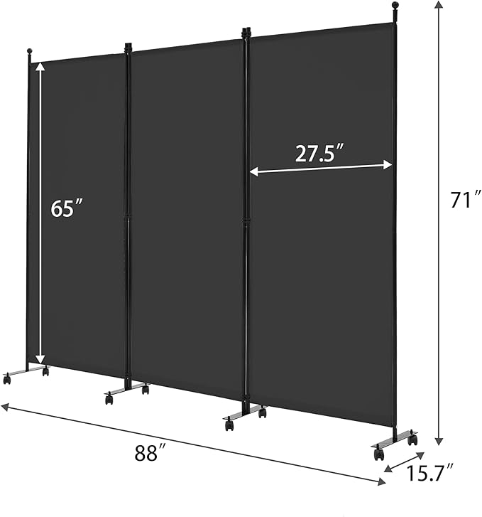 Spurgehom 3 Panel Rolling Room Divider, Folding Partition Privacy Screens, Freestanding Fabric Room Panel, Portable Folding Wall Divider for Office, Room, Restaurant, Hospital (Black)
