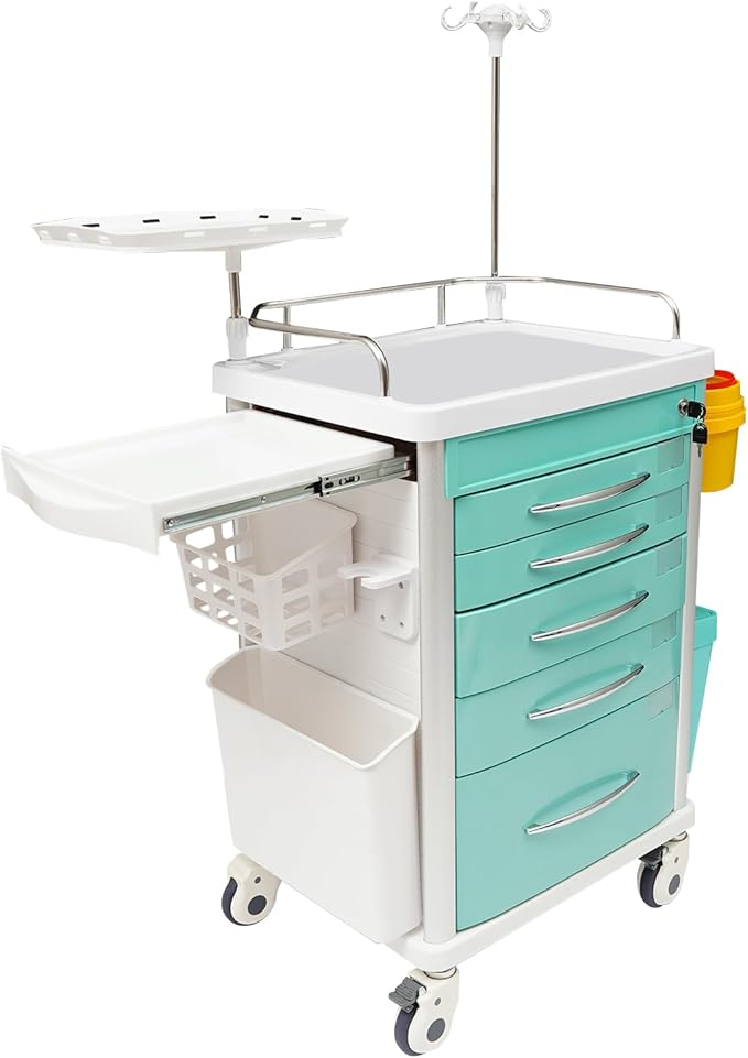 Rolling Crash Cart with Drawers & Adjustable IV Pole, Silent Casters, Needle Disposal Holder, Trash Bin, O2 Holder, Utility Trolley Cart for Clinic, Hospital, Salon, Lab, Load 176 Lbs (Green)