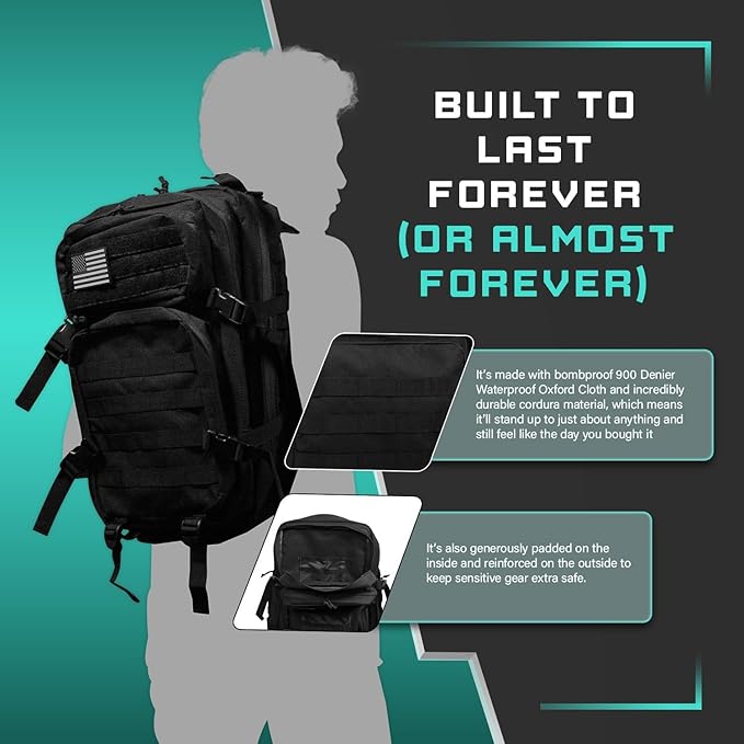MODERN NEEDS 40L Tactical Backpack | Heavy Duty Military Backpack for Men | Molle Tactical Bag with 7 Compartments | Assault Pack Daypack | Outdoor Camping, Hiking, Survival, Gym, Travel – Black