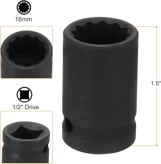 HARFINGTON 12-Point Impact Socket 1/2 Inch Drive 16mm Metric Cr-V Shallow Impact Socket Nut Driver Wrench for Auto Repair
