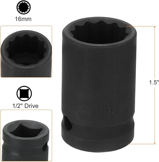 HARFINGTON 12-Point Impact Socket 1/2 Inch Drive 16mm Metric Cr-V Shallow Impact Socket Nut Driver Wrench for Auto Repair
