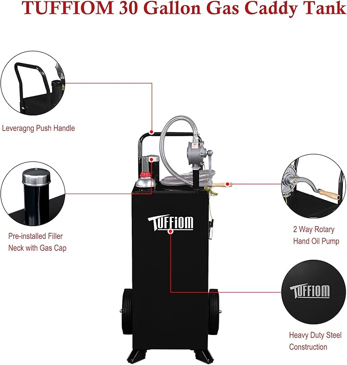 TUFFIOM 30 Gallon Fuel Gas Caddy w/Wheels & Manual Siphon Pump, Portable Diesel Fuel Transfer Storage Tank w/8.9ft Hose, Gasoline Can Container for ATV Car Mowers Tractor Boat Motorcycle