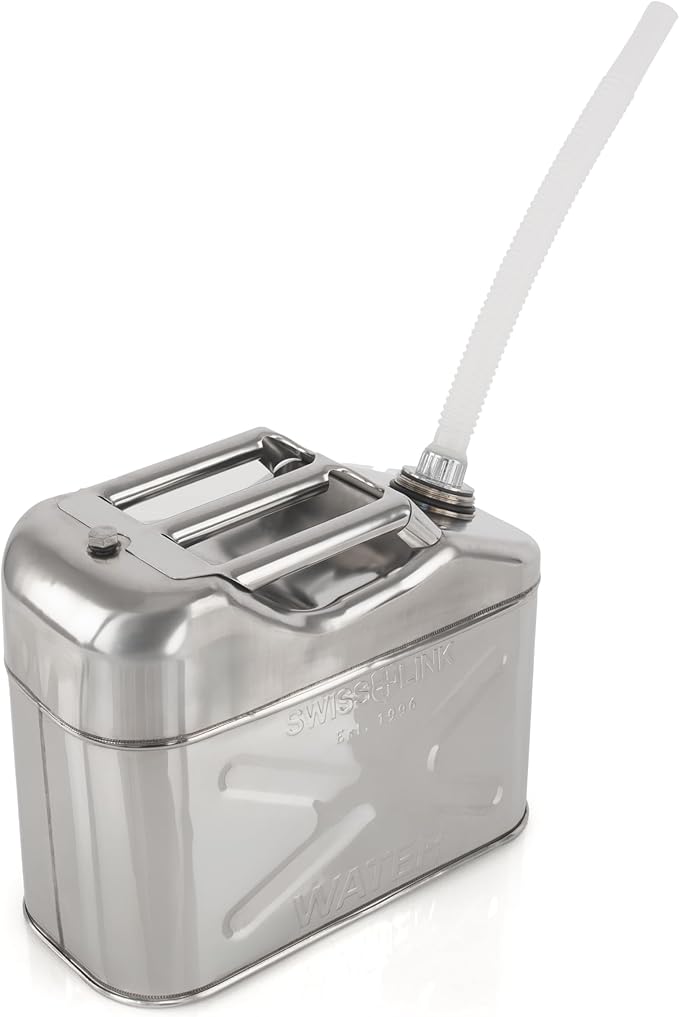 Swiss Link 10L Stainless Steel Water Can, Heavy-Duty 0.8mm Food-Grade 304 Steel – Seamless, Leak-Proof Design with Spout & Vent – BPA-Free Drinking Water Storage for Emergency, Survival, Off-Grid Use