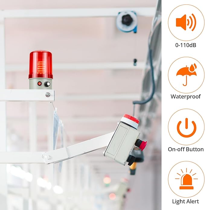QWORK Industrial LED Rotating Warning Light, 110V AC Red Beacon Strobe for Public Emergency Alarms, Safety Siren Adjustable Volume