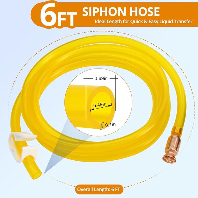 Siphon Hose, 6FT Gas Pump Siphon Hose with 1/2" Copper Valve – Multi-Purpose for Quick & Safe Transfer of Gasoline, Oil, Diesel, and Water