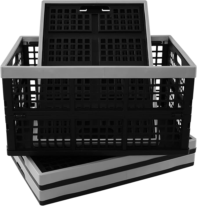 4 Packs 40L Collapsible Storage Baskets, Utility Folding Milk Crates, Stackable Plastic Storage Bins, Black
