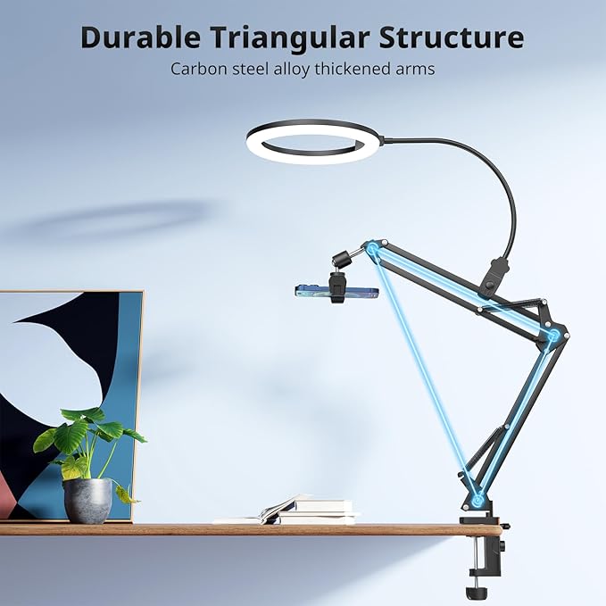 UBeesize 10" Ring Light with Overhead Phone Mount, LED Selfie Light with Stand and Phone Holder, Desk Light for iPhone, Desk Tripod for Video Recording, YouTube, TikTok, Live Stream, Cooking, Vlog