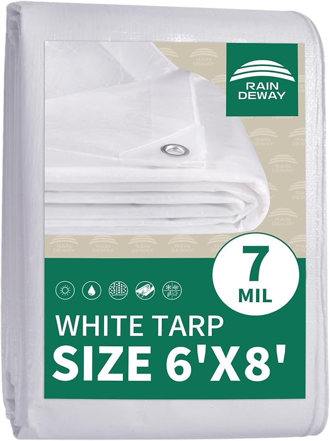 RAINDEWAY Tarps 6x8 Feet Tarp Waterproof,7Mil Thick,Finished Size,UV Resistant,Multipurpose Poly Tarp Cover with Metal Grommets and Reinforced Edges,White Tarps