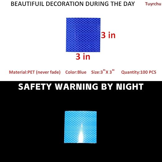 Non Fading Blue Reflective Stickers 3 inch X 3 inch, Outdoor Waterproof High Visibility Warning Safety Adhesive Reflector Tape (100 Pcs)