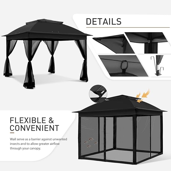 COOS BAY 11x11 Pop Up Instant Gazebo Tent with Mosquito Netting Outdoor Canopy Shelter with 121 Square Feet of Shade (Black)