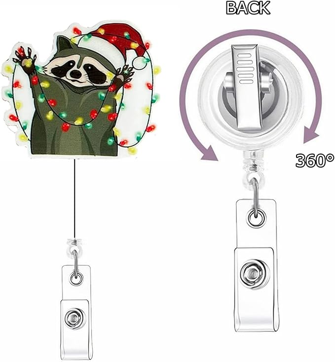 Christmas Raccoon Badge Reel Cute Animals Badge Holder Retractable Raccoon Light Strings Xmas Badge Reels with Alligator Clip Acrylic Nurse Name Tag Christmas Badges Holder for Doctor Teacher Office