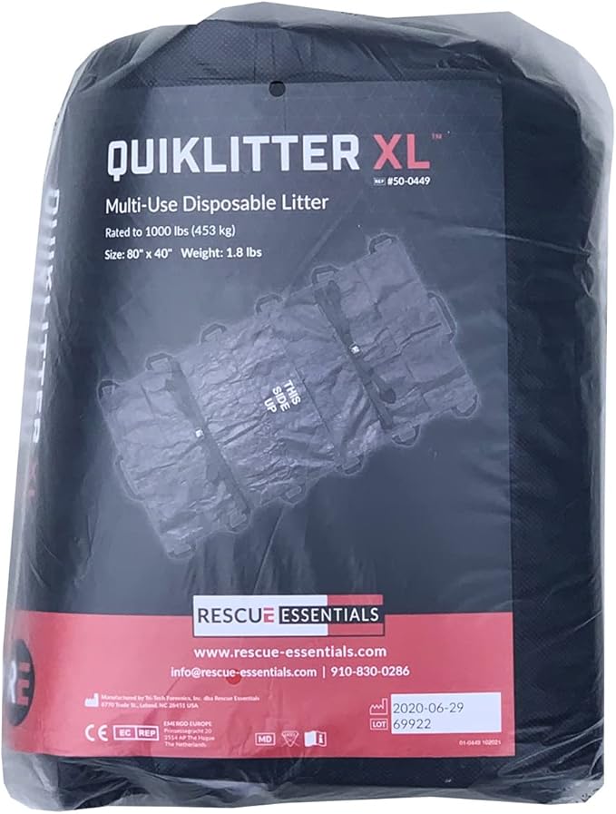 Rescue Essentials Quiklitter XL, Black Nylon Handles, Black Non-Woven Fabric, 1000 Lb Rated, Latex Free for Patient Transport and Casualty Evacuation