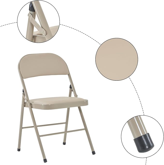 VINGLI 4 Pack Folding Chairs with Padded Seats, Metal Frame with Pu Leather Seat & Back, Capacity 350 lbs, Set of 4, Khaki