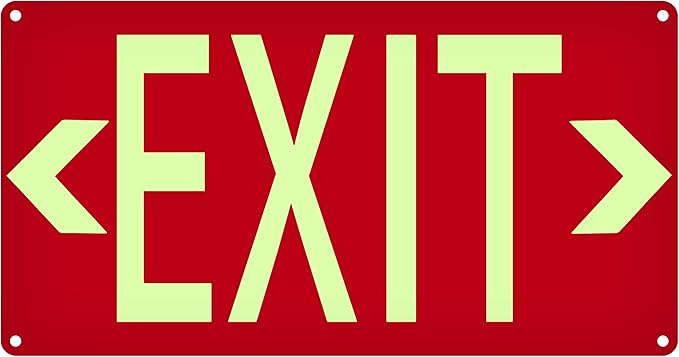 Photoluminescent Exit Sign Aluminum Red - with Removable Directional Arrows, With strong self adhesive tape, 14.25 x 7.5 - Non Electrical Red Exit Signs For 50 Feet Visibility