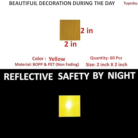 Yellow Reflective Stickers 2 inch X 2 inch, Outdoor Waterproof High Visibility Warning Safety Adhesive Reflector Tape (60 Pcs)