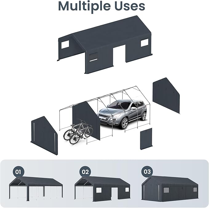 PHI VILLA 13'x24'x9.6' Outdoor Portable Storage Shelter Shed Garage with Roll up Zipper Doors & Vents Carport for Motorcycle Waterproof and UV Resistant Anti-Snow Portable Garage Kit Tent, Gray