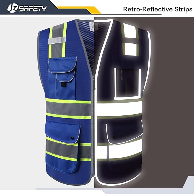 JKSafety 9 Pockets High Visibility Zipper Front MESH Blue Safety Vest | Blue with Dual Tone High Reflective Strips | ANSI/ISEA Standards (100-Blue, M)