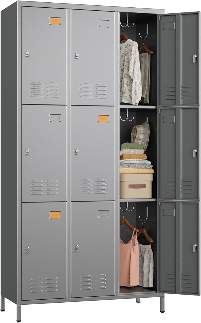 Metal Lockers for Employees with 9 Doors and 27 Hooks, 72”H Storage Locker with Card Slot for Office Gym School Bedroom, Assembly Required, Dark Gray