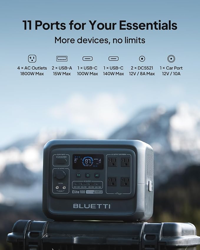 BLUETTI Elite 100 V2 (2025 New) Portable Power Station & Charger 1 (ships separately), 1024Wh LFP w/ 1800W AC, 560W DC-DC Charging, 1.8 H Full Charge via Car, Ideal for Car Camping, Vanlife, RV Travel