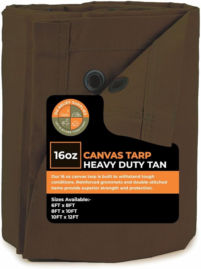 Heavy Duty Waterproof Canvas Tarp Brown – 6 x 8', with Grommets | Durable Multipurpose Cover for Camping, Canopies, Tents, Trailers, Machinery & Equipment