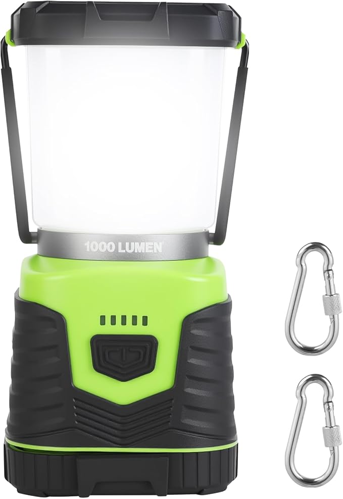 1000LM Battery Powered Lantern, 4 Lighting Modes, IPX4 Waterproof, Battery Operated Lantern with Battery Indicator for Outdoor Camping, Hiking, Carabiner Clip Included