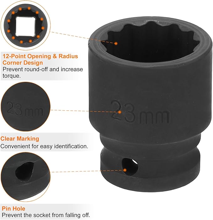 HARFINGTON 12-Point Impact Socket 1/2 Inch Drive 23mm Metric Cr-V Shallow Impact Socket Nut Driver Wrench for Auto Repair