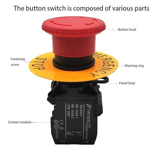 Emergency Stop Button AC 690V 10A Red Sign Mushroom Head Emergency Rotation Button Switches 1NC 1NO 22mm