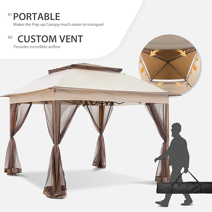 COOS BAY 11x11 Pop Up Instant Gazebo Tent with Mosquito Netting Outdoor Canopy Shelter with 121 Square Feet of Shade (Beige)