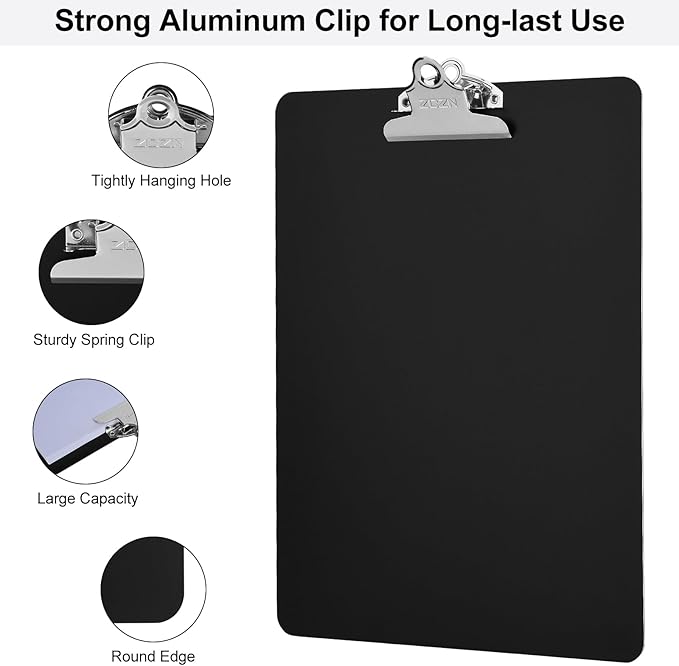 ZCZN Metal Clipboard, 4 Pack Heavy Duty Aluminum Clipboards 12 x 9 Inches, A4 Letter Sizer Document Holder with High Capacity Clip, Suitable for School, Office, Jobsite or Medical Staff, Black