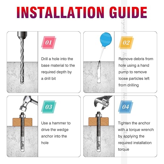 1/2 x 4-1/2 inch Carbon Steel Wedge Anchor kit for Concrete Cement Wall Floor Ground Deck Fence Base Bracket, Drill Stud Post Strong Screw Bolt Set.(30 pcs)