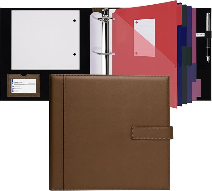 POPRUN PU Leather 1.5 Inch 3 Ring Binder, Professional Business Organizer- Includes PP Dividers, 100GSM / Grade AA Filler Papers, Card &Sticker for Tab- Ideal for Office Presentation Meetings, Brown