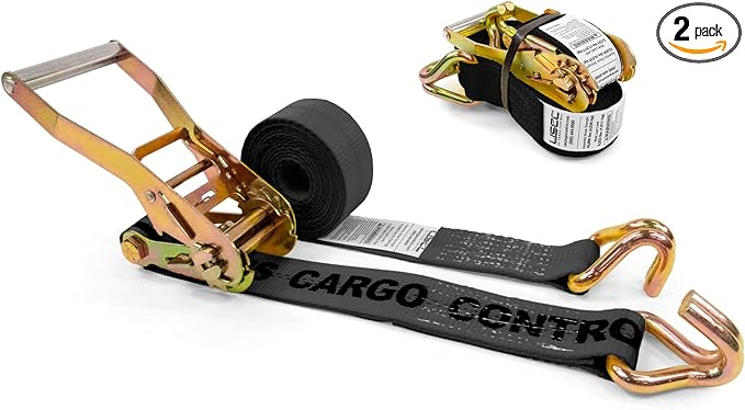 US Cargo Control Wire Hook Ratchet Straps 2 Inch x 12 Foot (2-Pack), 10,000 LBS Break Strength, Ratchet Straps Heavy Duty with Double J Hooks, Black Cargo Tie Downs for Flatbed Trailers and Trucks