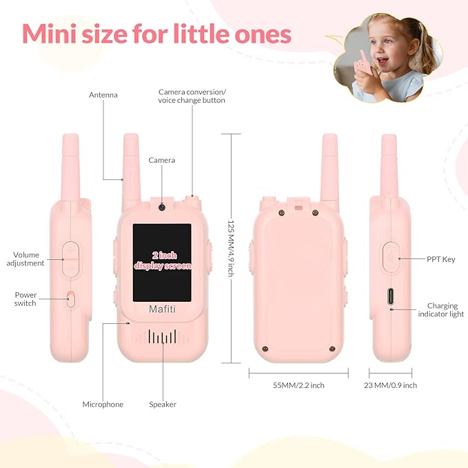 Mafiti Toys for 3 4 5 6 7 8 Year Old Boys Girls Mini Video Walkie Talkies for Kids 2 Pack Rechargeable 1000 Feet Range Birthday Indoor Outdoor (Pink+Pink)