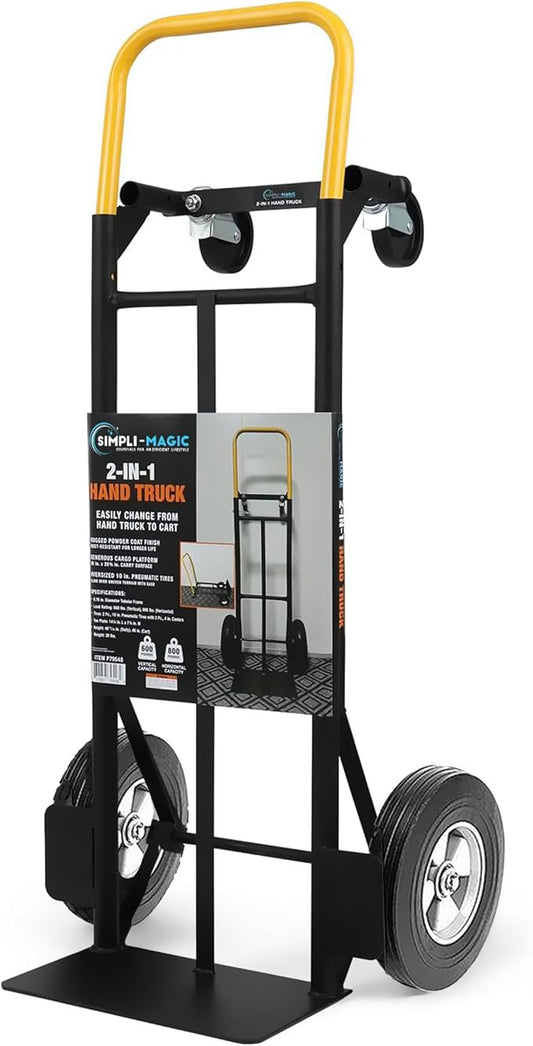 SIMPLI-Magic 2 in 1 Convertible Hand Truck and Dolly, 800LBS – Heavy-Duty Moving Dolly Cart with 10" Flat Free Rubber Wheels & Handle
