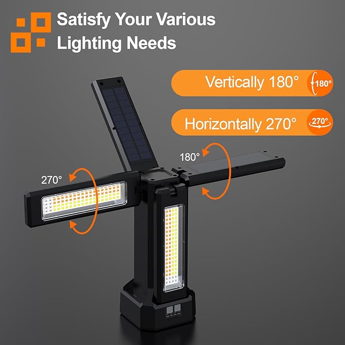 13200mAh Rechargeable Solar Work Light with Remote and Portable Carrying Bag, 8000 Lumen Stepless Dimmable, 4 Lighting Modes, White/Warm/Nature/SOS for Outdoor Camping Car Work Emergency Light