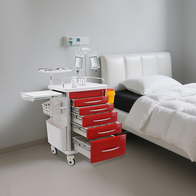 Rolling Crash Cart with Drawers & Adjustable IV Pole, Silent Casters, Needle Disposal Holder, Trash Bin, O2 Holder, Utility Trolley Cart for Clinic, Hospital, Salon, Lab, Load 176 Lbs (Red)