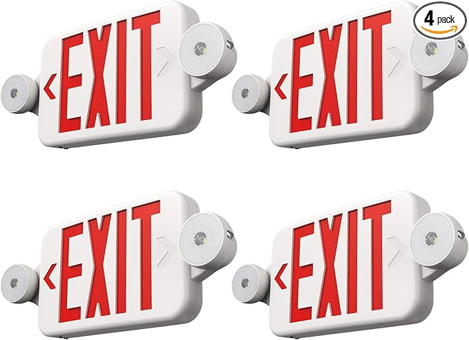 FREELICHT 4 Pack Red Exit Sign with Emergency Lights, Two LED Adjustable Head Emergency Light with Battery, Hard Wired, Exit Sign for Business