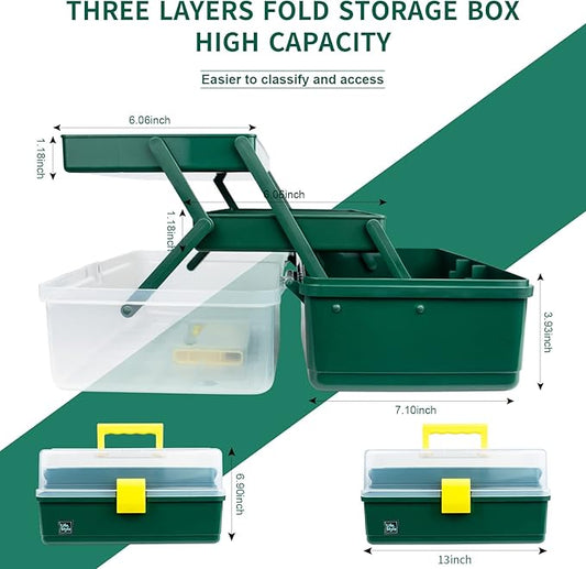 Creahaus 13 inch Art Craft Organizer Storage Box with 3 Layer, Multipurpose Plastic Tool Box with Handle for Sewing, Art Supply, Medicine, Nail, Hair Accessories (Dark Green)