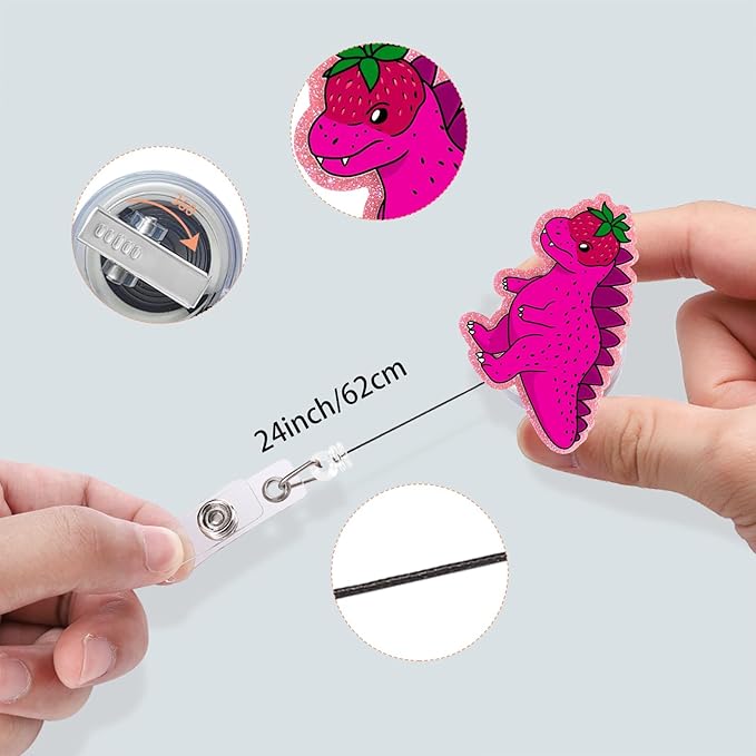 Dinosaur Cute Badge Holder, Funny Strawberry Badge Buddy for RN LPN CNA Accessories for Work, Glitter Retractable Badge Reel with Alligator Clip (Strawberry Dinosaur)