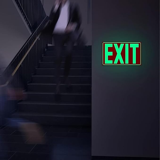 4Pack Photoluminescent Exit Sign Red, 14"x 10" Aluminum Glow In The Dark Exit Signs with Strong Adhesive Backing and 8pcs Removable Directional Arrows Glow In The Dark,Easy to install