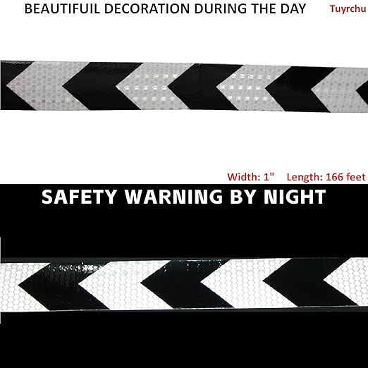 Black White Reflective Tape 1 inch Wide for Trailer, Outdoor Waterproof High Visibility Safety Warning Adhesive Strips (166 feet)