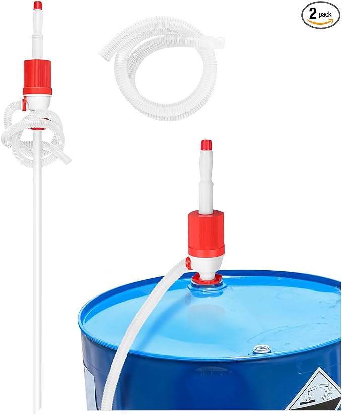 Geelin 2 Set Siphon Drum Pump with Replacement Flexible 48" Discharge Hose, Heavy Duty Bpa-free Manual Fuel Drum Pump Adjustable Length for 55 Gallon Water Barrels Liquid Transfer