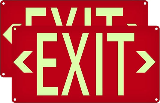 (2 Pack) Photoluminescent Exit Sign Red - with Removable Directional Arrows, With strong self adhesive tape, 14.25 x 7.5 Inches Heavy Duty Aluminum Signs, Fade Resistant, water proof/weather proof