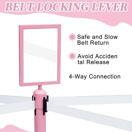 Therwen 6 Pack Heavy Duty Crowd Control Stanchions 9.8 ft Stainless Steel Stanchion Set with 6 Safety Barrier Post Retractable Belt and 1 Sign Holder Crowd Control Barrier(White Belt,Pink)
