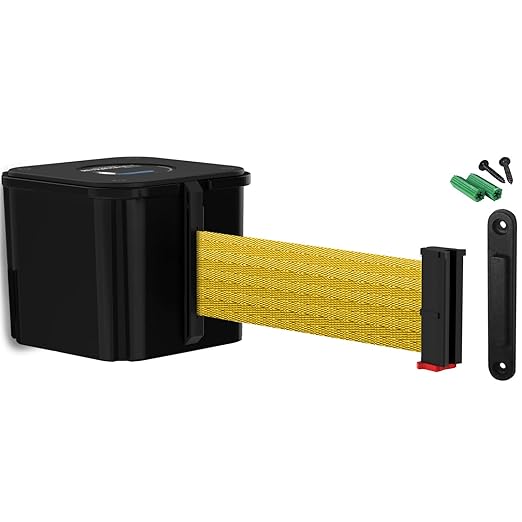 WM412 Retractable Belt Wall Mounted Smooth Black Crowd Control Barrier and Receiving End, 25' Yellow Belt