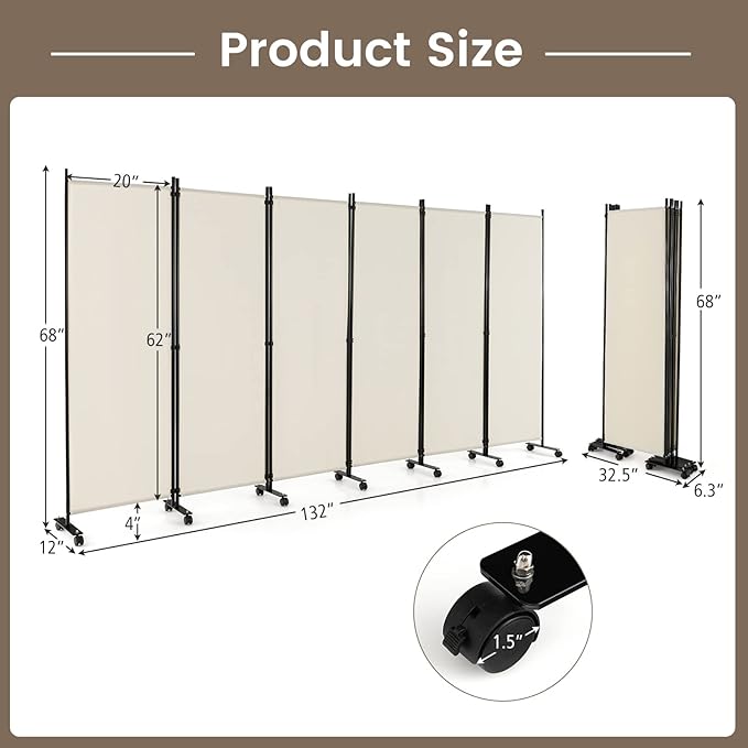 Giantex 6 Panel Room Divider, 132''W x 68''H Large Folding Privacy Screen, Rolling Partition Room Dividers for Home Office Studio Separation, Freestanding Fabric Wall Divider Screen on Wheels, Beige