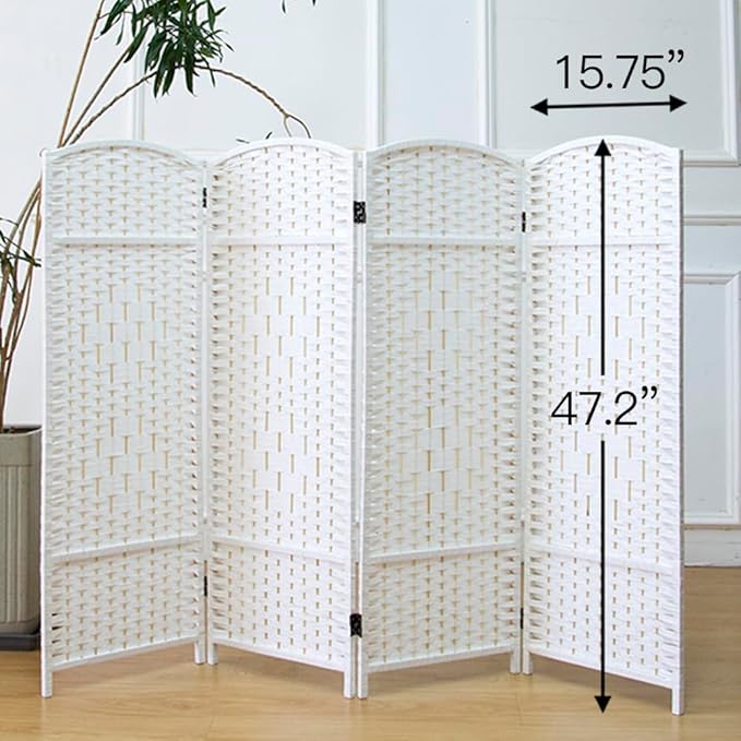4 Panel Rattan Divider Short Room Partition Screen,Double Sided Folding Divider for Room Separation,White,47.2" H x 63" W