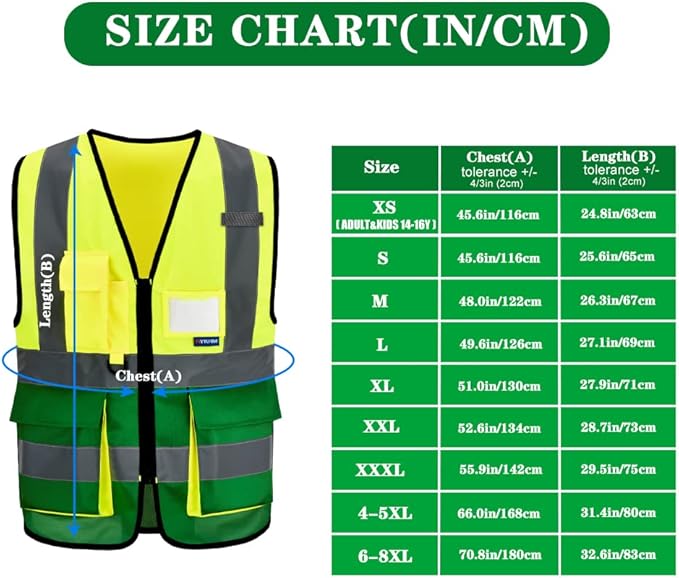6XL 7XL 8XL High Visibility Yellow green REFLECTIVE Safety Vest with zipper Reflective Strips 7 Pockets